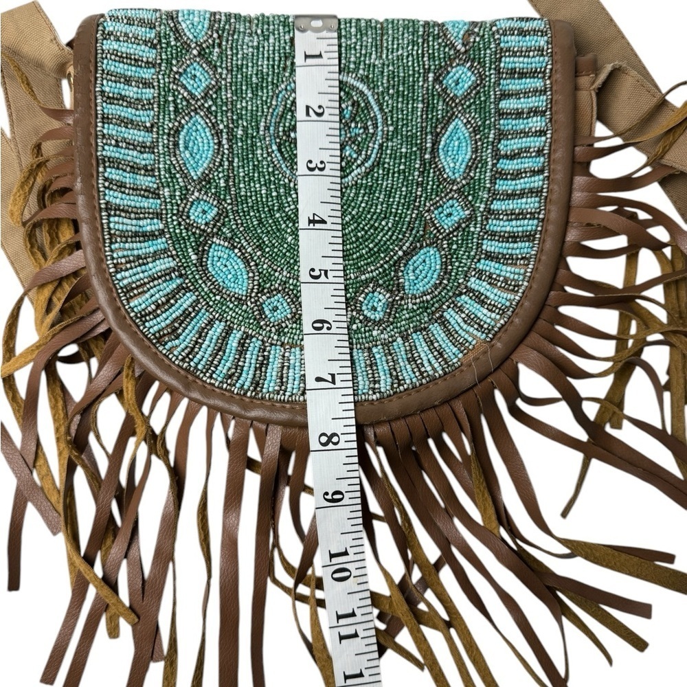 Beaded Fringe Crossbody Bag - Green turquoise and Brown 46” Strap Boho Country - Picture 10 of 12